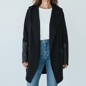 Blanc Noir Open Front Hooded Jacket With Faux Leather Accents in Black Size XL